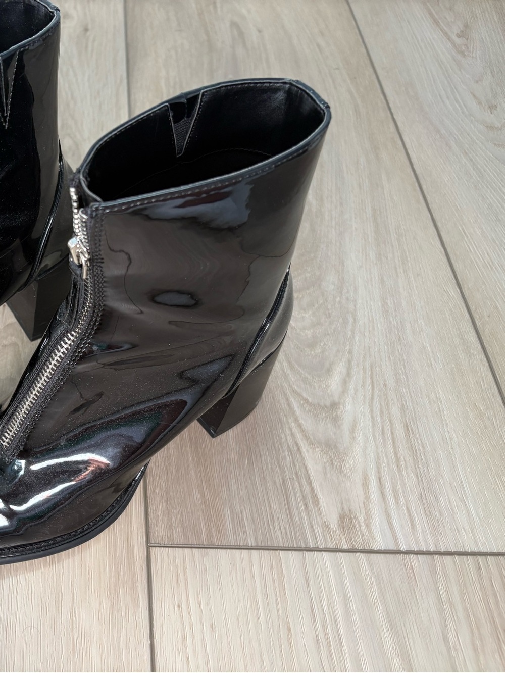 Shiny Black Patent Ankle Booties with Front Zip